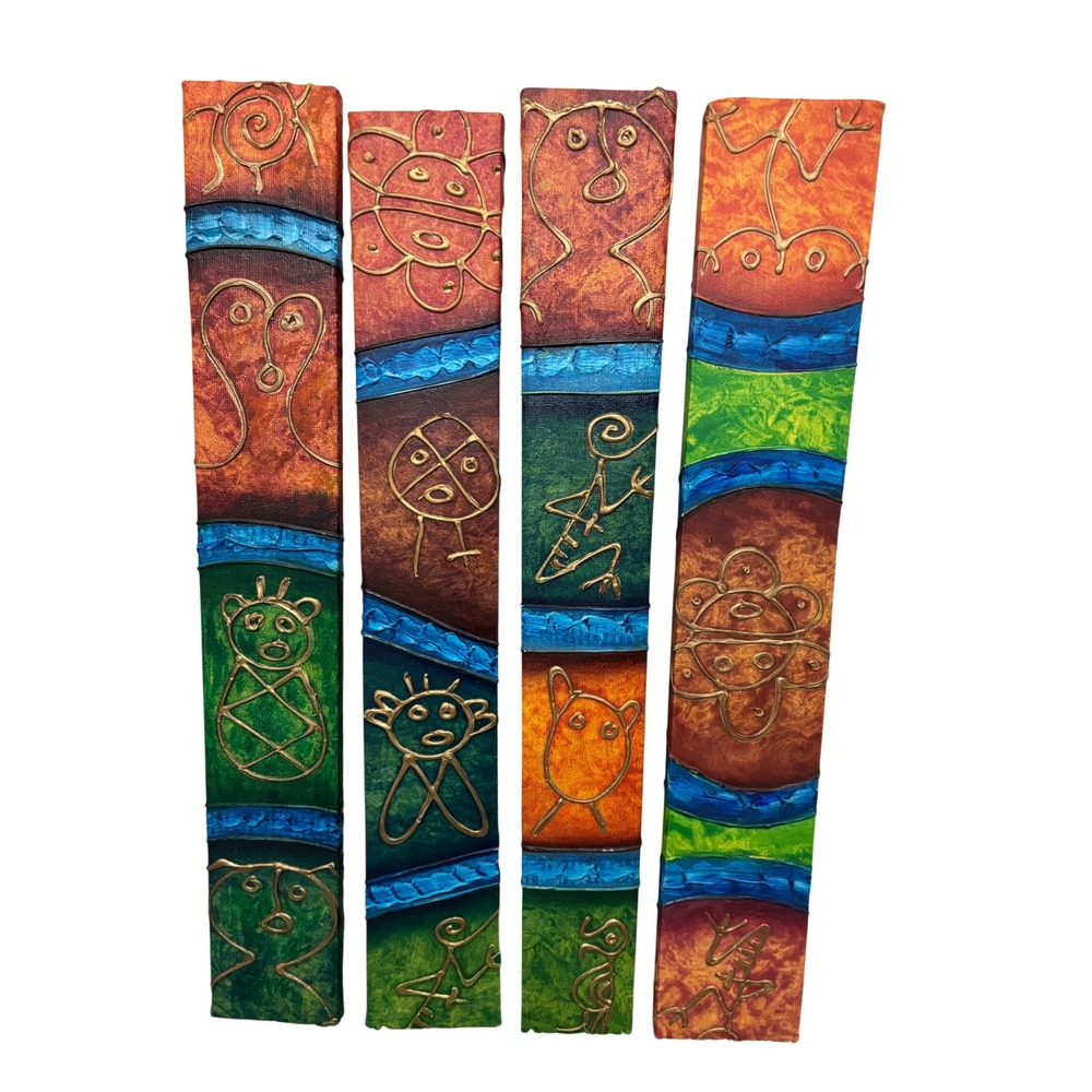 Original Taino Petroglyph Mixed Media Art Set 4 Vertical Canvas Symbols Signed